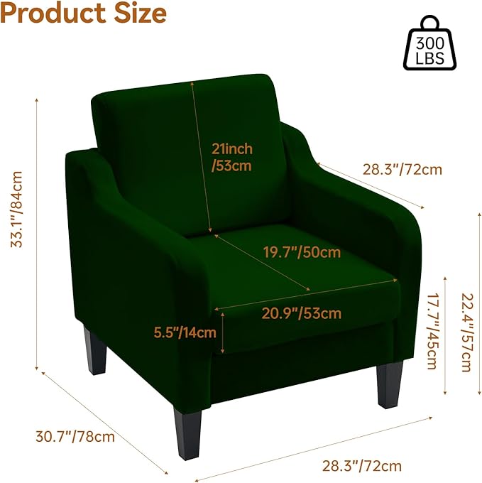 Accent Chair for Living Room Modern Velvet Living Room Chairs with Wide Backrest Upholstered Comfy Chair with Cushion Oversized Sofa Chair with Wood Legs Single Armchair Green
