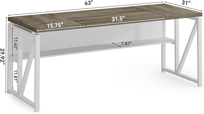 LITTLE TREE 63-Inch Executive Office Desk Large Computer Desk with Storage Shelf Executive Desk with Metal Frame Thickened Desktop Study Writing Desk Work Station for Home Office Grey + White