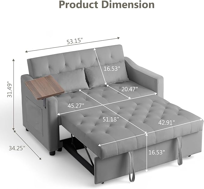 3 in 1 Loveseat Sleeper Adjustable Backrest Convertible Sofa Bed Small Pull Out Couch with 360° Rotating Side Table for Living Room Apartment Bedroom Grey