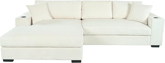 Ball &amp Cast Oversized L-Shaped Sectional Sofa with ChaiseLarge Comfy Upholstered Couch W/Thick CushionBuilt-in Cup Holders &amp Charging PortsWide &amp Thick Armrests &amp Seat Designfor Li