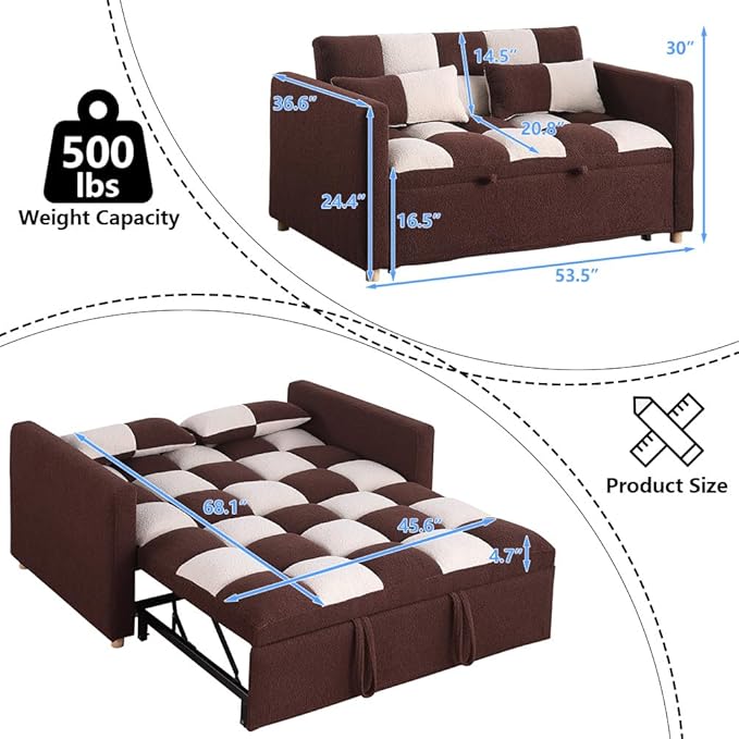 Convertible Sofa Bed - 53.5'' Loveseat Sleeper Sofa3-in-1 Teddy Velvet Pull-Out Bed with Adjustable BackrestMulti-Functional Lounge Chair for Living RoomSmall Space(Brown + Beige)