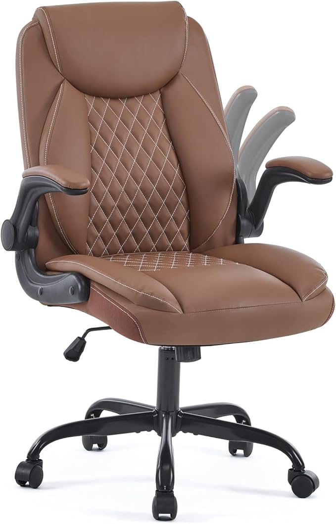 YFO Leather Office Ergonomic Home Office Desk Chair Back Support Swivel Executive Office Chair with Wheels and Flip-Up Armrests Small Gaming Chair with Adjustable Rocking Function Brown