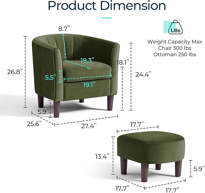 LINSY Accent Chair with Ottoman Modern Barrel Chair Small Armchair Reading Chair with Footrest Comfy Round Arms Chair for Living Room Bedroom Reading Room Velvet Olive Green