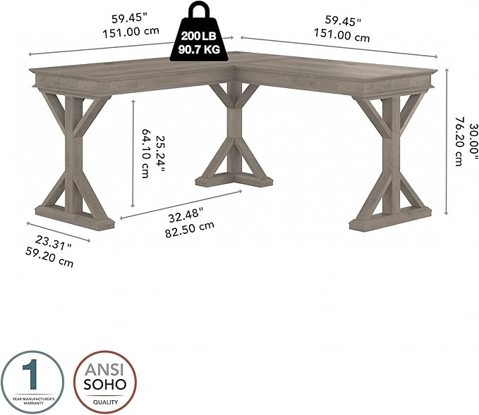 Bush Furniture Homestead 60W Farmhouse L Shaped Desk in Driftwood Gray