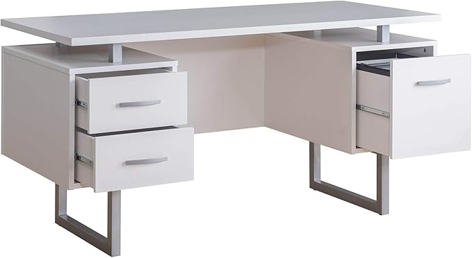 Deja 60 White Study Writing Home Office Wall Mounted Laptop Computer Floating Desk Top and Storage Drawers and Metal Stands