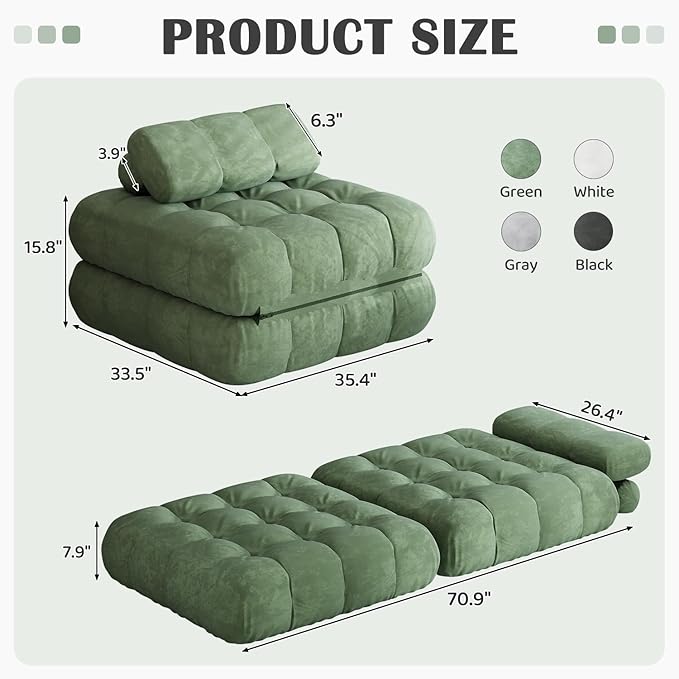 3-in-1 Folding Futon Sofa Bed 35.4 Convertible Sleeper Chair Bed with PillowBoneless Couch Lounge Portable Fold Out Comfy Velvet Floor Mattress for Living Room Bedroom - Single Green