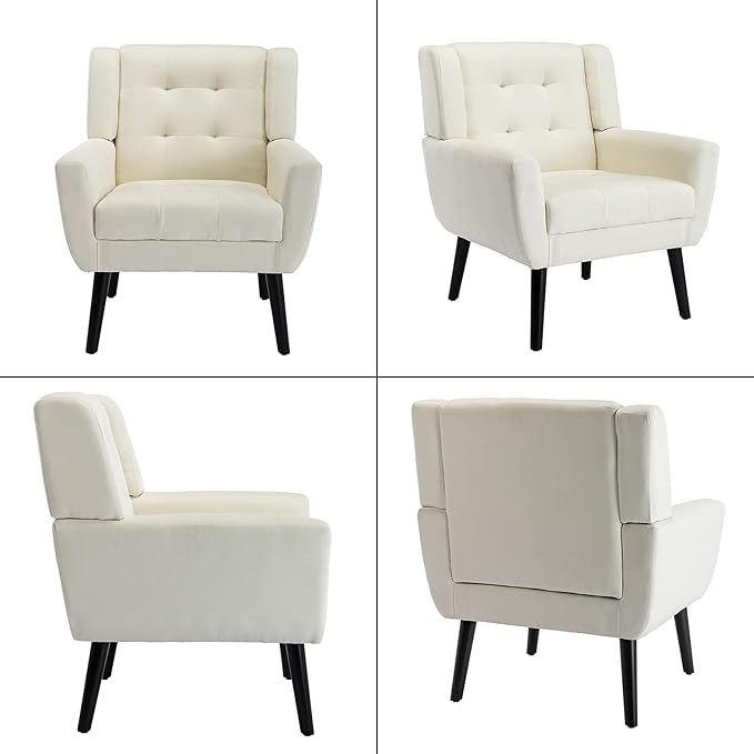 SSLine Linen Accent Arm ChairMid-Century Modern Upholstered Wingback Single Sofa Armchair Club Chair with Solid Wood Legs Thick Cushion for BedroomReadingLiving Room Chair (Beige)