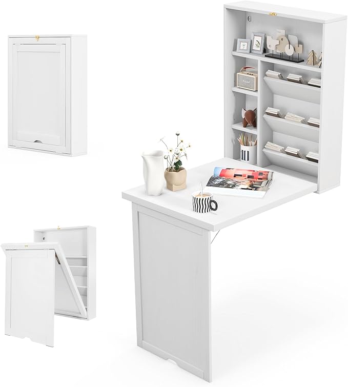 Tangkula Foldable Wall Mounted Desk Floating Table with Storage Shelves &amp Hooks Space-Saving Fold-Up Murphy Desk for Small Spaces Home Office Dorm Room