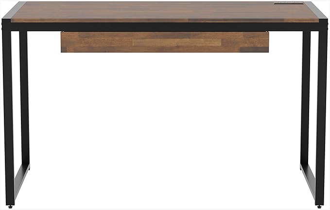 HOMES: Inside + Out Siggers Industrial 1-Drawer Metal USB Port 51 in. Desk for Study Room Home Office Living Room Sand Black and Natural Brown