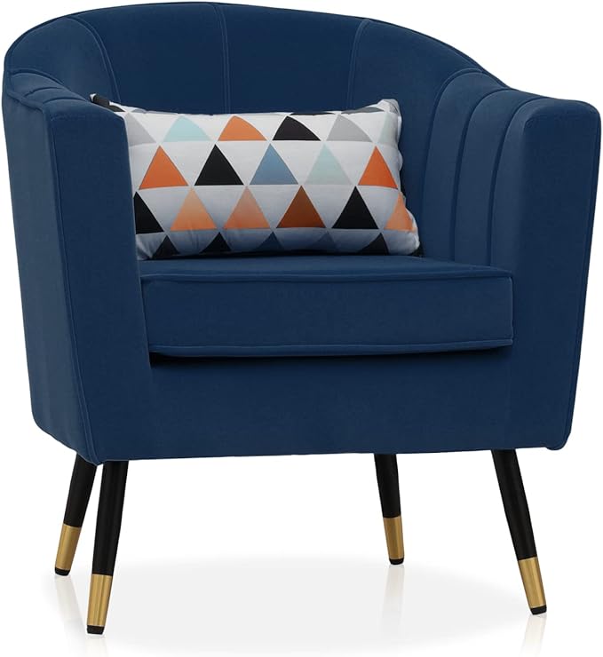 MoNiBloom Modern Accent Chair with Lumbar Pillow Mid-Century Modern Sude Single Sofa Arm Chair for Living Room Durable Upholstered Comfy Barrel Chair w/Gold Metal Legs and Wide Armrest Navy Blue