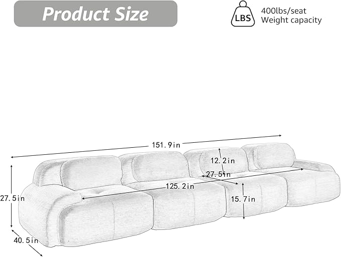 152 Modern Boneless Couches for Living Room Corduroy Cloud Couch Sectional Grey Modular Sectional Sofa 4 Seater Sofas for Living Room Sofas para Sala Deep Seat Couch (Gray 4 Seater)