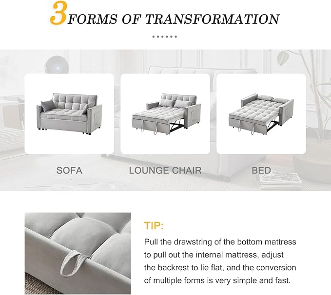 3-in-1 Loveseat Sleeper Sofa Modern 55.5 Pull Out Couch Velvet Upholstered Futon Sofa Bed with Adjustable Backrest Convertible Sofa Bed with Storage Pockets for Living Room(Light Grey)