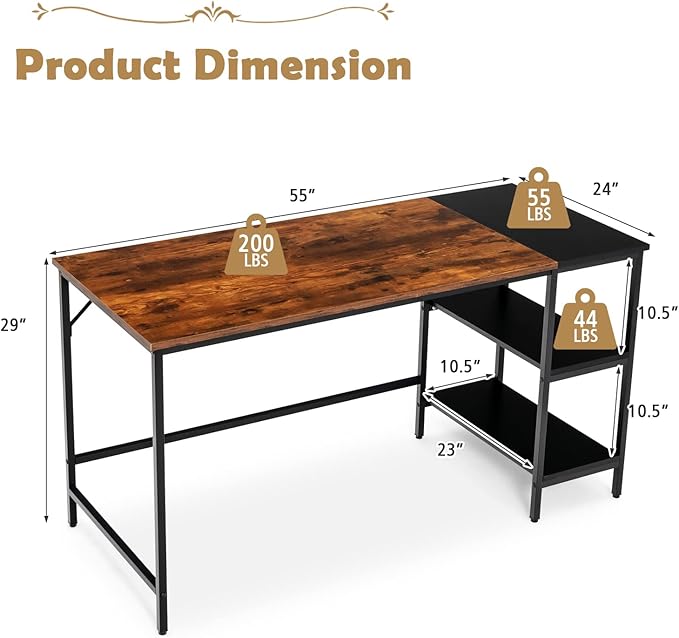 COSTWAY 55” Computer Desk PC Laptop Desk with Storage Shelves Large Computer Desk with Splice Board Adjustable Foot Pads Industrial Home Office Desk for Writing Study Game (Rustic Brown)