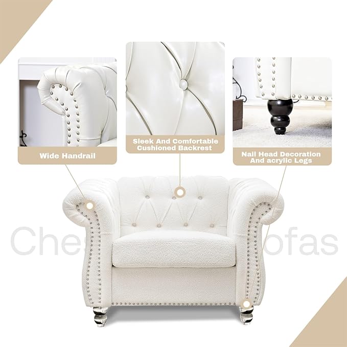 White Chesterfield Accent Chair Faux Leather Upholstered Tufted Wingback Club Chair Mid-Century Modern Living Room Chair with Sturdy Wood Frame Comfy Oversized Armchair for Bedroom Office