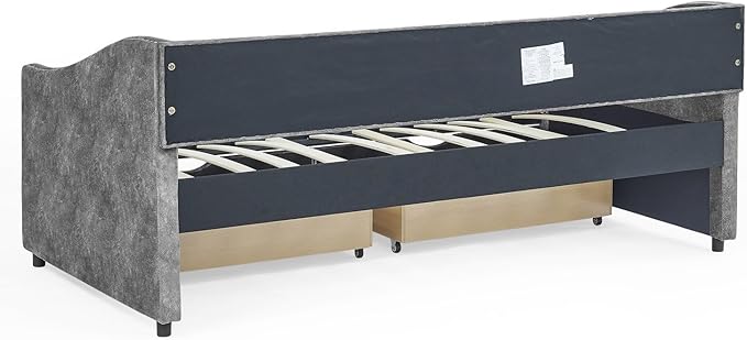 Twin Size Upholstered Daybed with Drawers Tufted Sofa Bed with Waved Arms Grey Polyester Mid-Century Design 500lbs Capacity