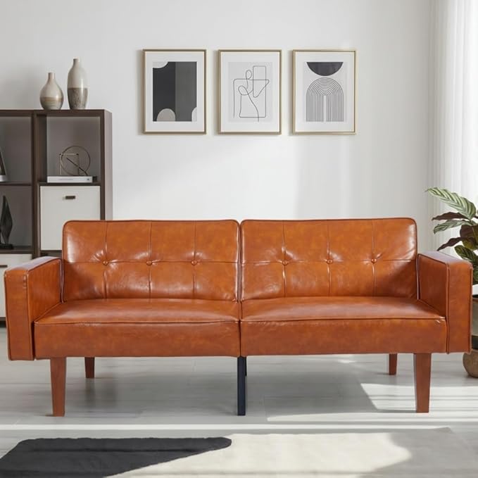 Adjustable Backrest Convertable Sofa Modern PU Leather 2-Seat Futon Sofa Convertible Faux Leather Sleeper Couch with Armrests Couch for Living Room Home Office Spaces