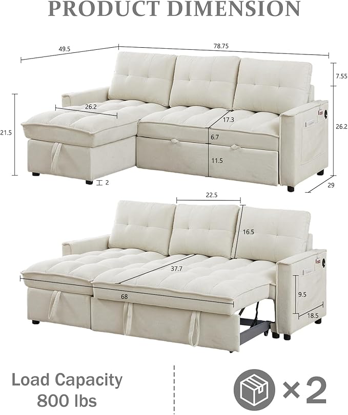 78.75 Sleeper Sofa CouchModern L-Shaped Couches Pull Out Couch with USB Ports&ampSide PocketSleeper Sectional Sofa for Living Room ApartmentChenille(Beige)