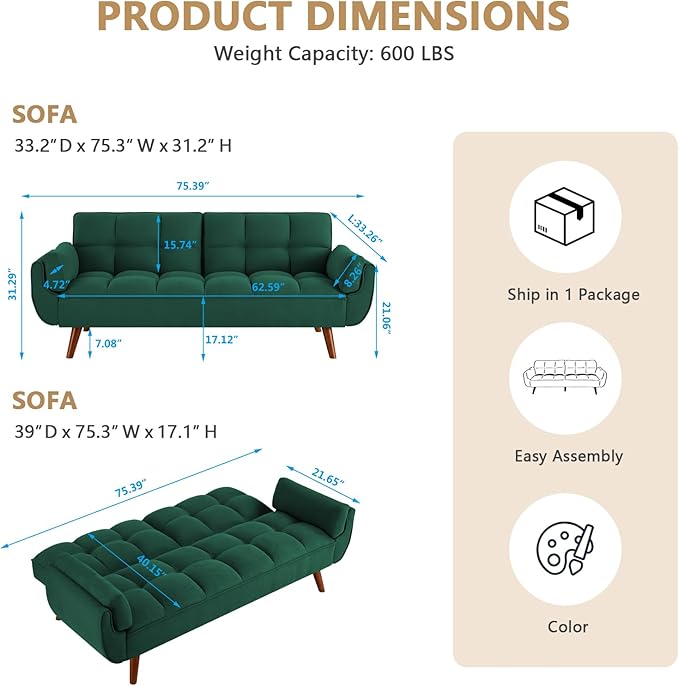75 Convertible Futon Sofa Bed Sleeper Couch Bed with Adjustable Backrest Small Couches for Small Spaces Living Room Bedroom and Office (Green)