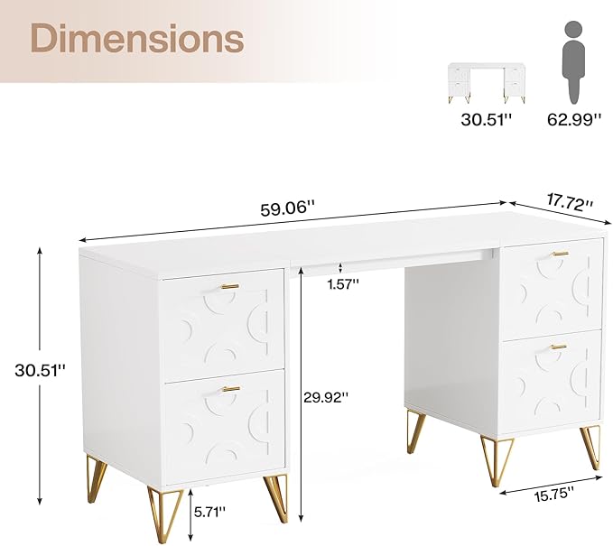 Tribesigns White Executive Desk 59 White and Gold Modern Desk with 4 File Drawers Luxury Writing Table Elegant Computer Office Table for Home Office Study Bedroom