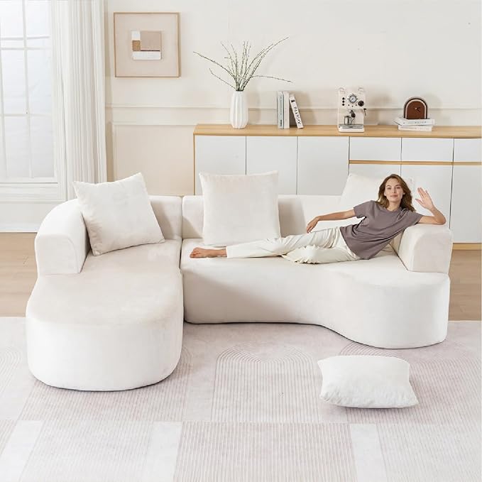 100''Oversized Sectional Sofa with Chaise for Living RoomModern Luxury Chenille 3-Seater Sofa Extra Wide Seat L-Shape Curved Cloud Couch with 3 Throw Pillows (Beige 100)