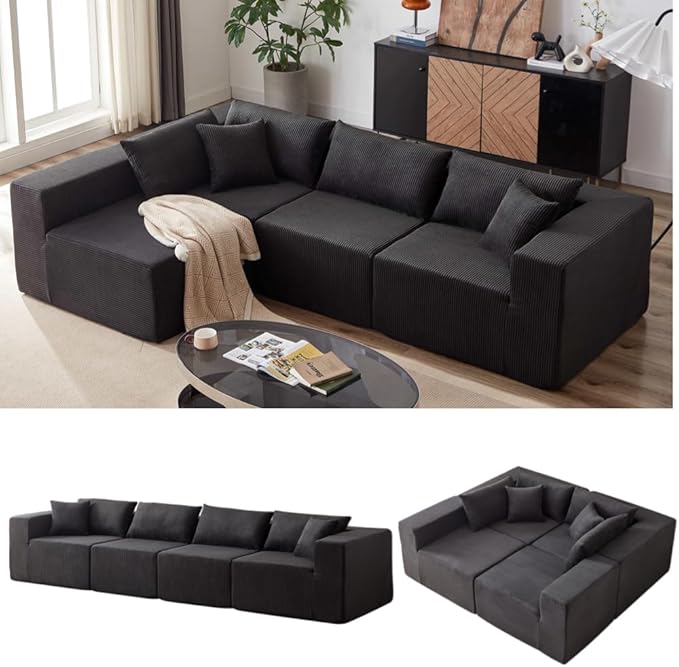 104 Corduroy Modular Sectional Viral Cloud Couch with ChaiseCloud Sectional L-ShapedSofa Bed for Living RoomMemory Foam Compressed Boneless Couches in a BoxNo Assembly RequiredBlack