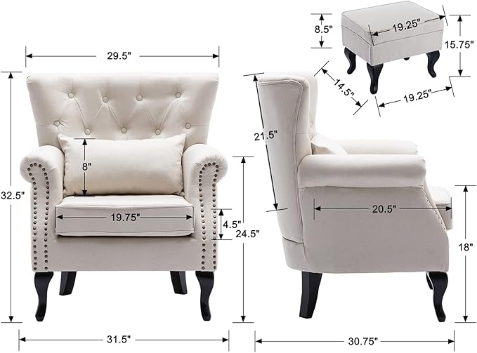 Mid Century Modern Accent Chair Upholstered Armchair Comfy Linen Fabric Tufted Wingback Single Sofa with Ottoman for Bedroom Living Room Beige