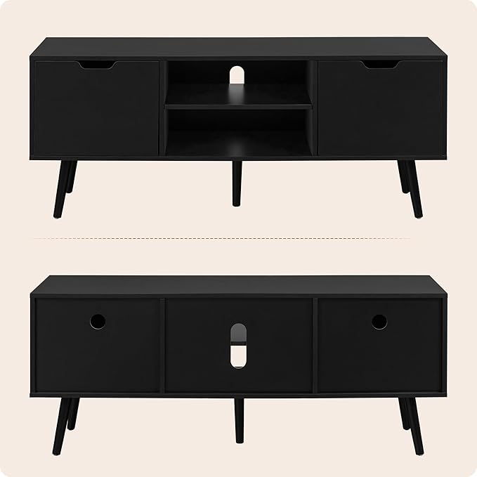 ALINE FURNITURE Black TV Stand for 50 55 60+ inch TVs - Media Console with 2 Cabinets &amp Open Shelves Solid Wood Legs - TV Consoles for Living Room - 22 H Entertainment Center for Bedroom