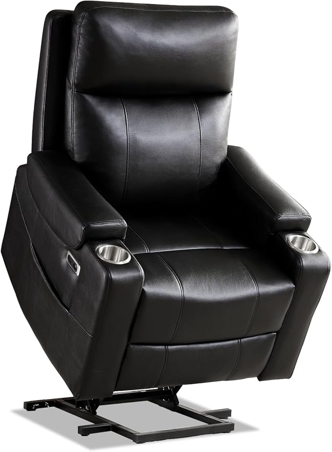 Triple Motor Power Lift Recliner Chair with Adjustable Lumbar Support Lay Flat Recliner for Elderly Breathable Black Lift Chair Leather Recliner Massage &amp Heating USB Ports Cup Holders