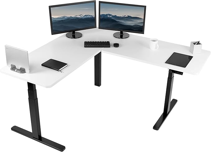 VIVO Electric Height Adjustable 67 x 60 inch Corner Stand Up Desk 2 White Solid Table Tops Black Frame Memory Controller L-Shaped Workstation 3E Series DESK-KIT-3E6BW