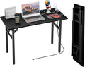 TEMI Small Computer Desk Folding Table - No Assembly Compact 44.3 Foldable Desk with Power Outlets &amp USB Charging Port Portable Small Office Desk Ideal Mini Study Table Dark Oak