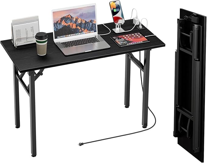 TEMI Small Computer Desk Folding Table - No Assembly Compact 44.3 Foldable Desk with Power Outlets &amp USB Charging Port Portable Small Office Desk Ideal Mini Study Table Dark Oak