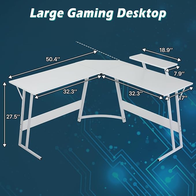 Dkelincs L Shaped Gaming Desk 51 Inch Computer Corner Desk Home Office Desks PC Gaming Table with Monitor Riser Stand for Home Office Writing Workstation White