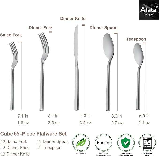 Alata Cube 65-Piece Forged Stainless Steel Flatware Set Cutlery Set with Utensil-Serving Set Silverware Set Service for 12 Mirror Finish Dishwasher Safe