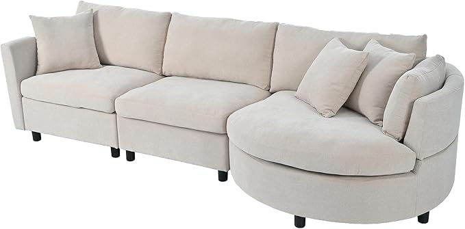 kevinplus 105.5'' Sectional Sofa Couch for Living Room Modern Contemporary 3-Seat Upholstered Sectional Couch Sofa with Curved Seat for Apartment Home Office Chenille Fabric Beige