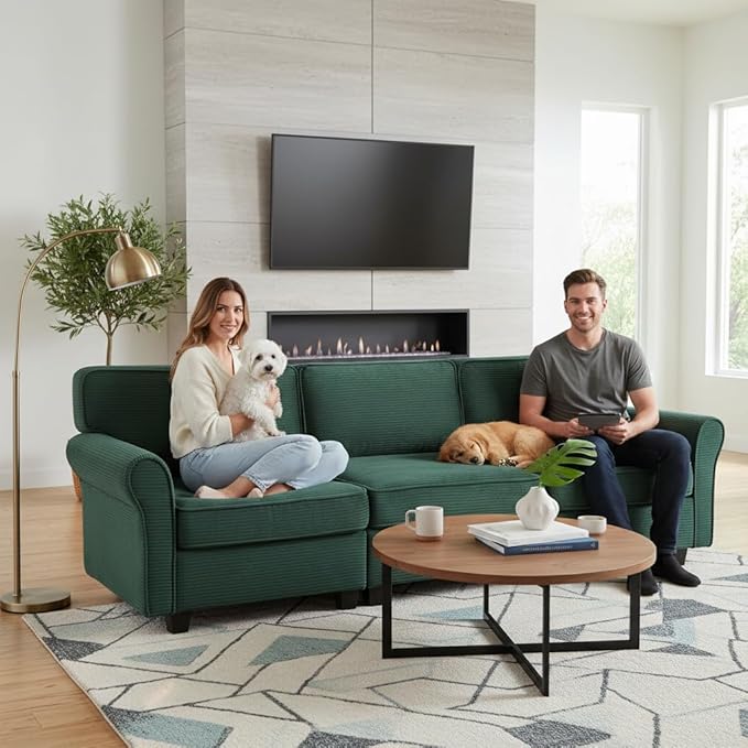 94 Sofa for Living Room 3 Seater Couch with Deep Seat Modern Comfy Corduroy Couches for Apartment Small Space Dark Green
