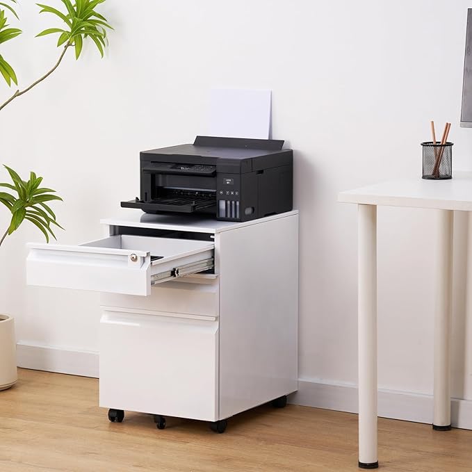 3 Drawer Metal Filing Cabinet with Lock White Mobile File Cabinets for Home Office Under Desk Rolling Storage for Legal Letter A4 Files (15.3 Wx19.6 Dx23.7 H)