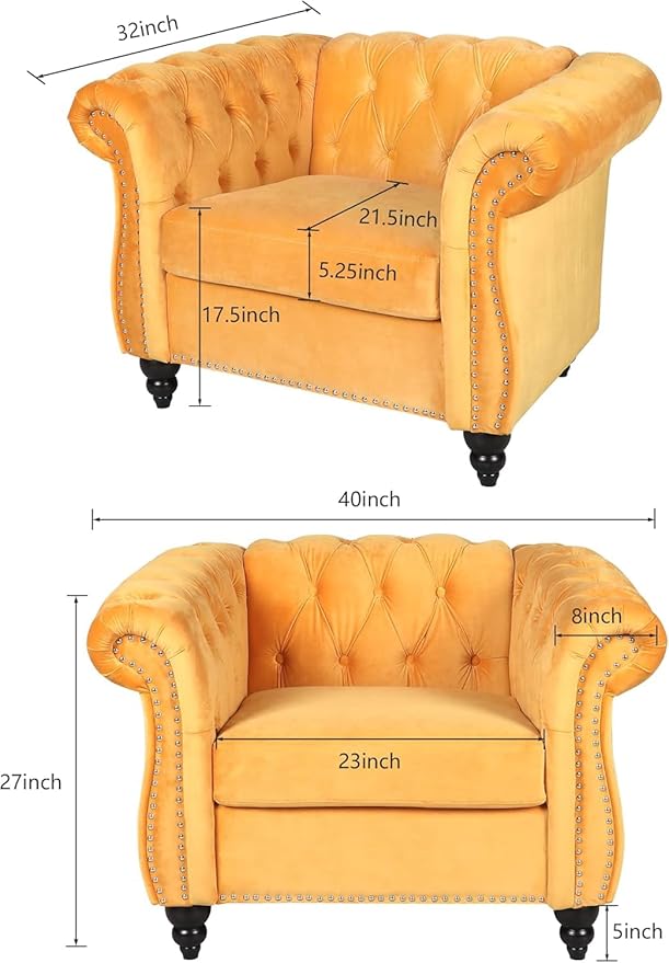 Living Room Chair Modern Velvet Chesterfield Sofa Chair Mid Century Single Sofa Couch Chair with Tufted Back and Rolled Arms Accent Sofa Chair for Living Room Apartment Yellow