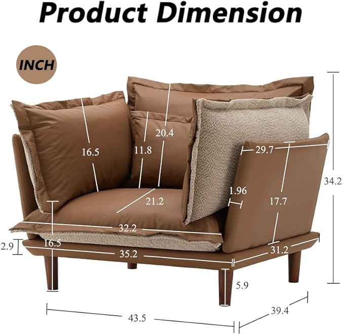 Leather Oversized Armchair Modern Accent Chair Single Sofa Lounge Chair Leather and Fabric Two-Faced Material 43.5 Wide 21.3 Seat Deepth for Living Room Bedroom (Brown)