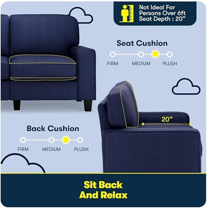 Pemberly Row 61 Track Arm Loveseat Sofa Navy Blue Polyester Upholstery Removable Covers Compact Space-Saving Design Solid Wood Frame Modern Style for Apartments Home Office or Living Room Use