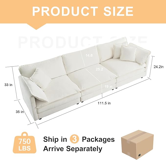 111.5 Sofa Modular Sectional Cloud Couch 3-Seat Chenille Deep Seat Sofa with Pillow for Living Room Bedroom and Apartment Beige
