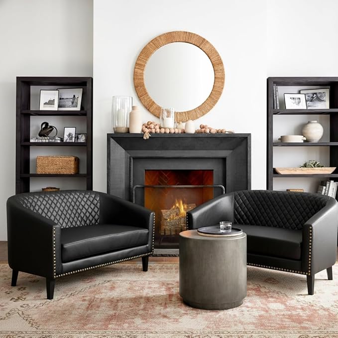 50 Faux Leather Small Barrel Love Seats Set of 2 Diamond Tufted Back Compact Loveseats Sofas with Nailhead Trim Modern 2-Seater Couches with Solid Wood Legs for Small Spaces Apartments Black