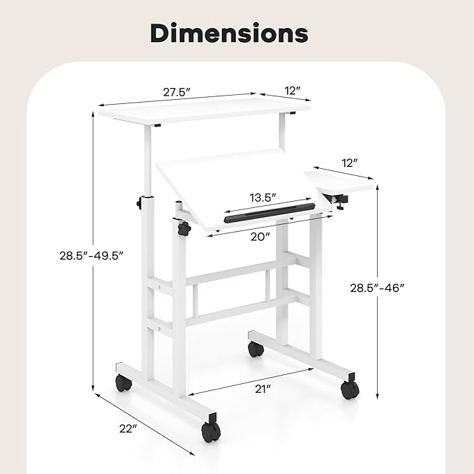 Tangkula Mobile Stand Up Desk Height Adjustable Home Office Desk with Standing &amp Seating 2 Modes Tilting Tabletop &amp Flexible Wheels Rolling Laptop Cart Sit Stand Desk (White)