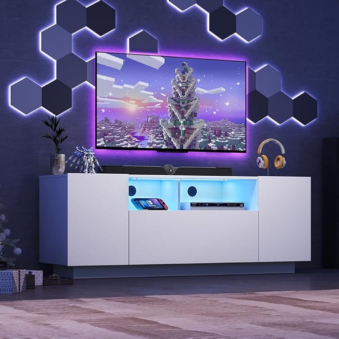 WLIVE TV Stand with LED Lights &amp Large Storage Cabinet Modern Entertainment Center for 32/43/50/55 Inch TVs Sturdy Media Console for Living Room Bedroom Gaming White