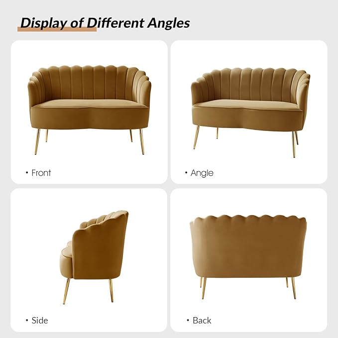 Velvet Upholstered Loveseat Sofa with Gold Metal Legs Modern Comfy Small Love Seat with Flower Shaped Back 2-Seater Sofa Accent Couch for Living Bedroom Leisure Areas Golden