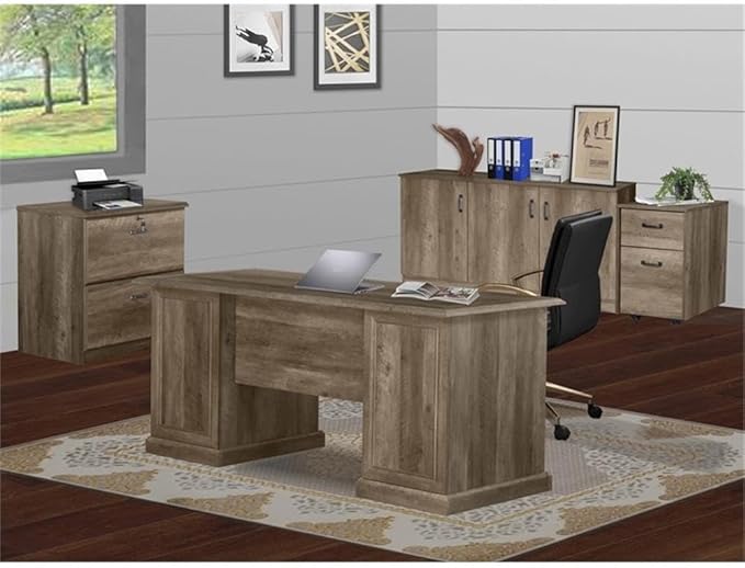 Pemberly Row Contemporary 65 Executive Desk Rustic Oak Finish Laminate Surface 7 Drawers for Storage and Organization Farmhouse Style Home Office Desk with Scratch-Resistant Work Surface
