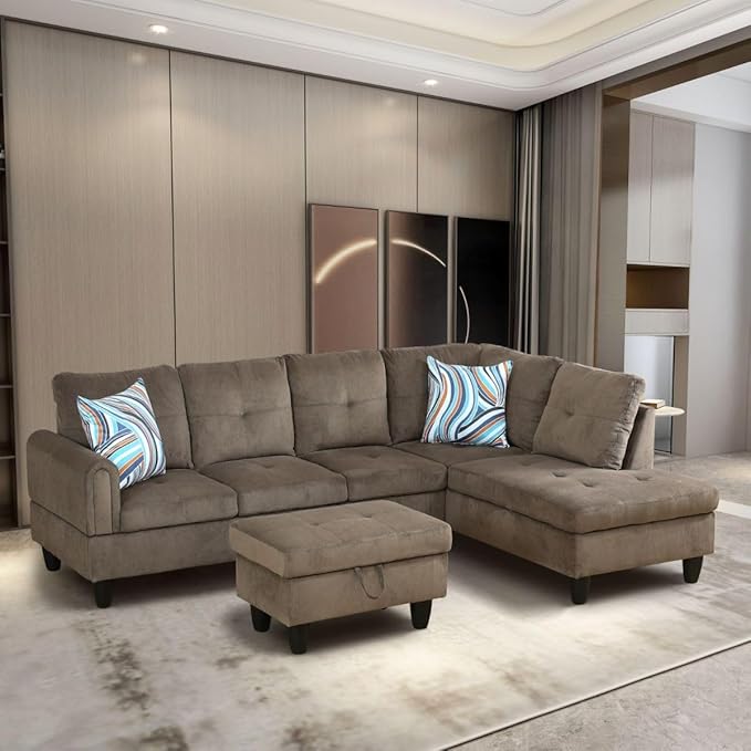 Brown L-Shaped 3-Piece Corduroy Sofa with Storage Ottoman Set Sectional Couch Sofa Set for Living Room Office Small Space