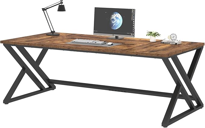 LVB 78.7 Computer Desk Industrial Extra Long Wood Home Office Desk Large Rustic Modern Metal Workstation Pc Study Writing table Dual monitor Double Work Executive Desk for Two Person Rustic Brown