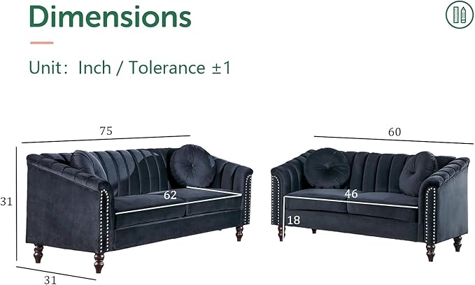 Chesterfield Sofa Set Luxurious Velvet Chesterfield Settee Couch SetSofa and Loveseat SetUpholstered Rolled Arm with Rivets/4 Button Tufted Pillow Modern Sofa Living Room SetBlack