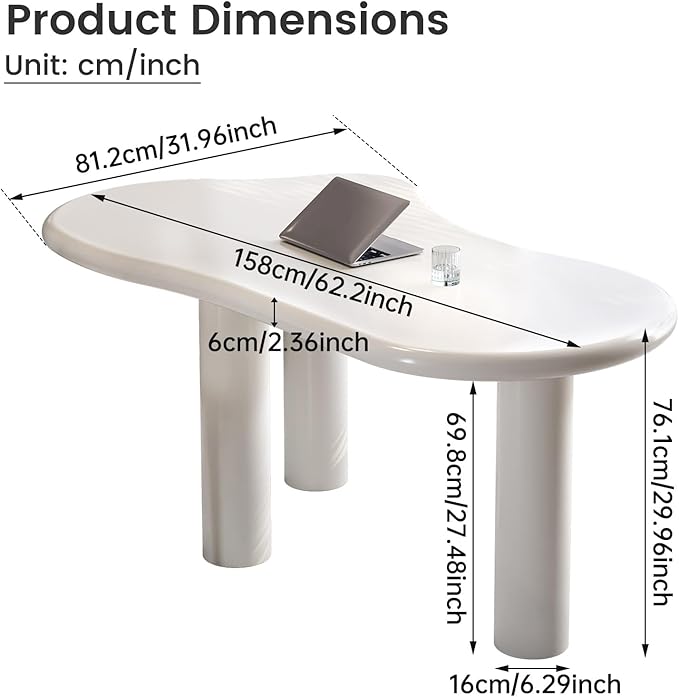 Modern 62.2 Cloud-Shaped Cream White Office Desk with Sculptural Pillar Legs Rounded Corners Minimalist Computer Table Easy to Assemble Ideal for Home Office (Desk Only)