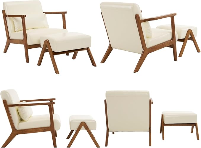 Modern Accent Chair and Ottoman Set Mid-Century Faux Leather Upholstered Lounge Armchair with Solid Wood Frame &amp Comfortable Cushion for Living Room Bedroom Balcony Beige